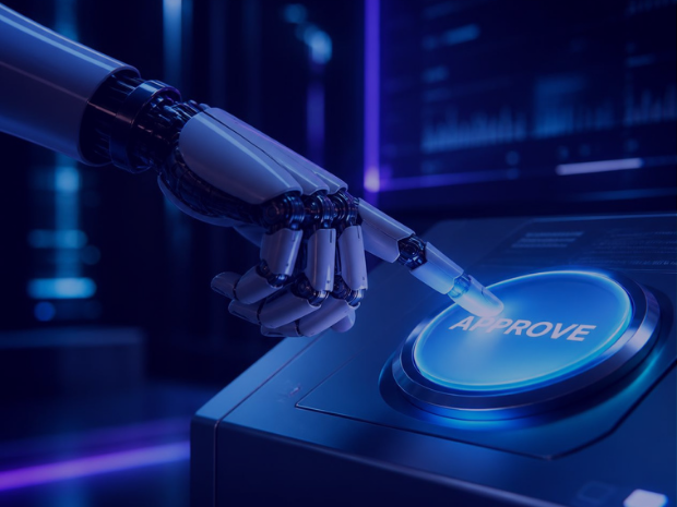 Mão robótica pressionando um botão “APPROVE”, simbolizando decisões automatizadas executadas sem supervisão humana.